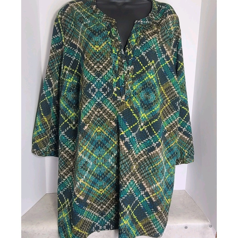 Catherine's Womens 2X Green Plaid Geometric Tunic Top 3/4 Sleeve Split Neck